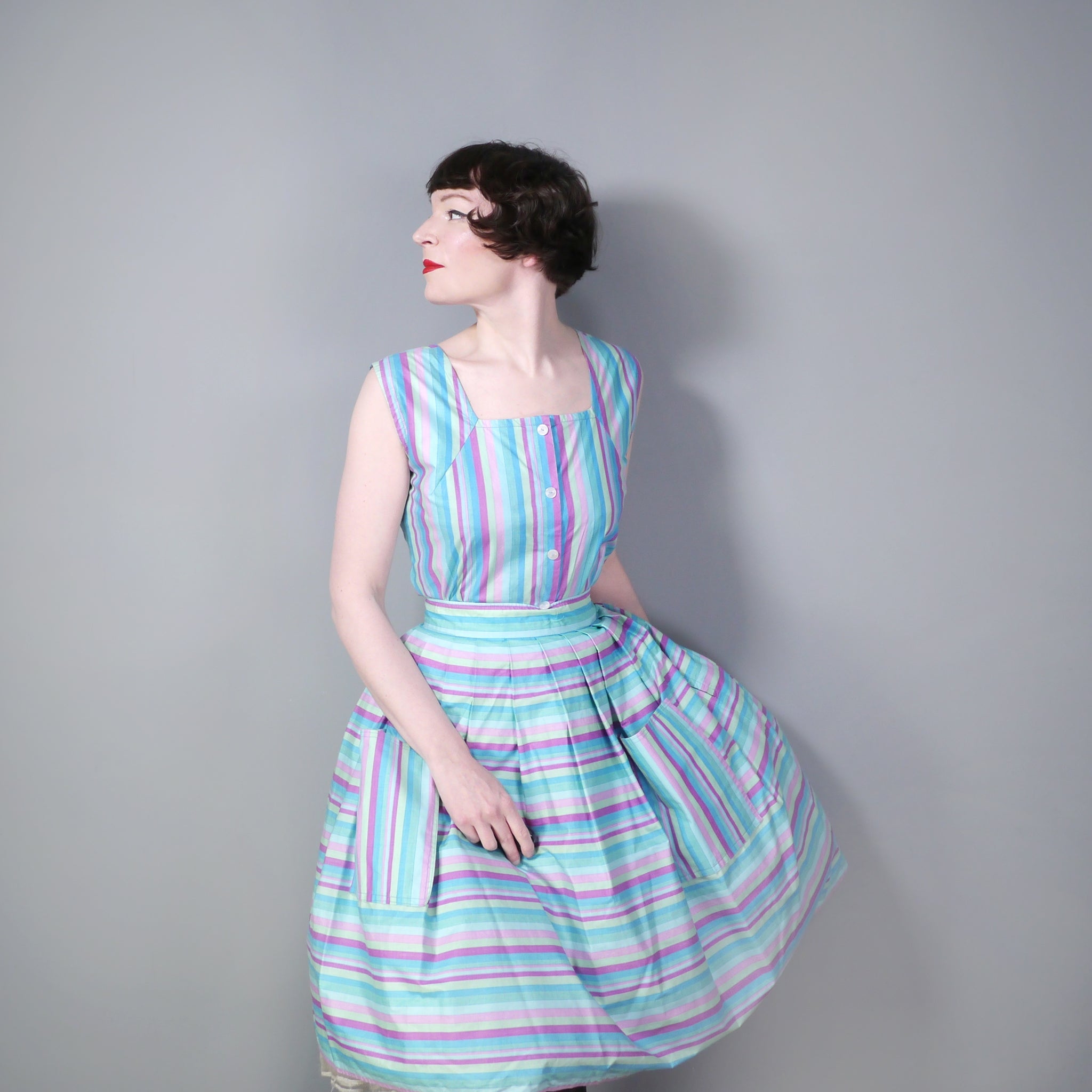 50s 60s HANDMADE BLUE STRIPE BLOUSE AND FULL SKIRT WITH POCKETS