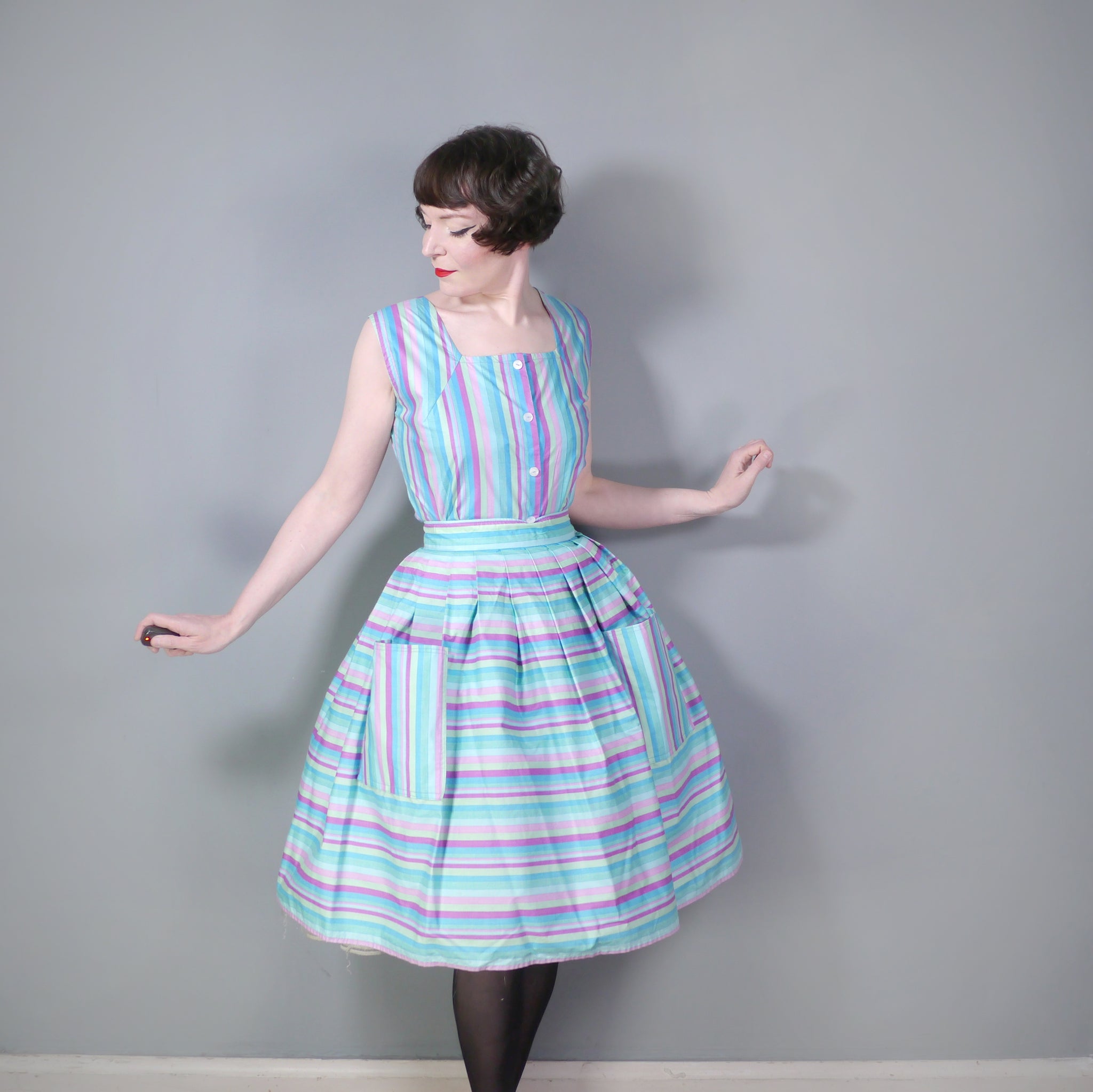 50s 60s HANDMADE BLUE STRIPE BLOUSE AND FULL SKIRT WITH POCKETS