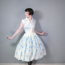 Load image into Gallery viewer, 50s LIGHT BLUE ORCHID BORDER PRINT SHIRTWAISTER FULL SKIRTED COTTON DRESS - S