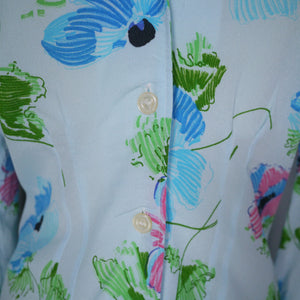 70s does 40s PASTEL BLUE FLORAL CREPE BLOUSE / SHIRT - M-L