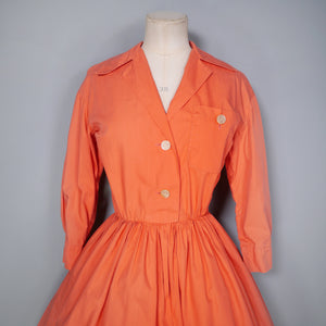 50s 60s CORAL / ORANGE COTTON SHIRTWAISTER DAY DRESS - S