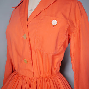 50s 60s CORAL / ORANGE COTTON SHIRTWAISTER DAY DRESS - S