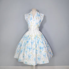 Load image into Gallery viewer, 50s LIGHT BLUE ORCHID BORDER PRINT SHIRTWAISTER FULL SKIRTED COTTON DRESS - S