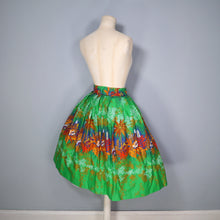 Load image into Gallery viewer, 80s does 50s BRIGHT GREEN EXOTIC LEAF PRINT SKIRT - 28&quot;