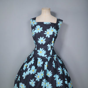 50s CALIFORNIA COTTONS BLACK DRESS WITH BRIGHT BLUE FLOWERS - M