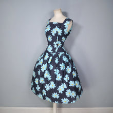 Load image into Gallery viewer, 50s CALIFORNIA COTTONS BLACK DRESS WITH BRIGHT BLUE FLOWERS - M
