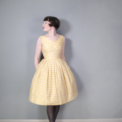 50s LUSTROUS YELLOW STRIPE FULL SKIRTED DRESS - XS