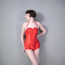 Load image into Gallery viewer, 50s &quot;SIDROY&quot; RED FLOCKED SATIN SHIRRED SWIMSUIT - S