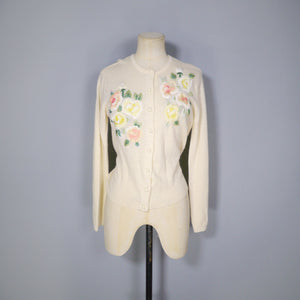 PALE YELLOW WOOL LAURA ASHLEY CARDIGAN WITH ROSE EMBROIDERY AND BEADING - M