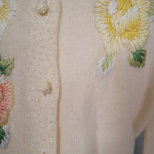 Load image into Gallery viewer, PALE YELLOW WOOL LAURA ASHLEY CARDIGAN WITH ROSE EMBROIDERY AND BEADING - M