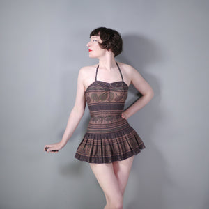 50s BROWN SKIRTED COTTON SWIMSUIT WITH PAISLEY PRINT - XS