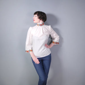 70s EMBROIDERED WHITE FOLK STYLE SMOCK BLOUSE - S