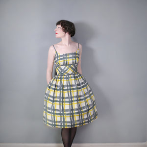 50s 60s GREY, YELLOW AND WHITE CHECK PURE SILK FULL SKIRTED STRAPPY SUN DRESS - S