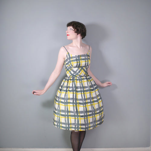 50s 60s GREY, YELLOW AND WHITE CHECK PURE SILK FULL SKIRTED STRAPPY SUN DRESS - S