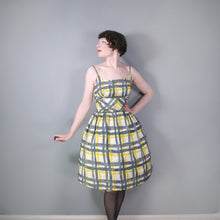 Load image into Gallery viewer, 50s 60s GREY, YELLOW AND WHITE CHECK PURE SILK FULL SKIRTED STRAPPY SUN DRESS - S