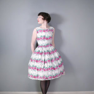 PINK AND WHITE FLORAL 50s COTTON SUMMER DRESS - XS