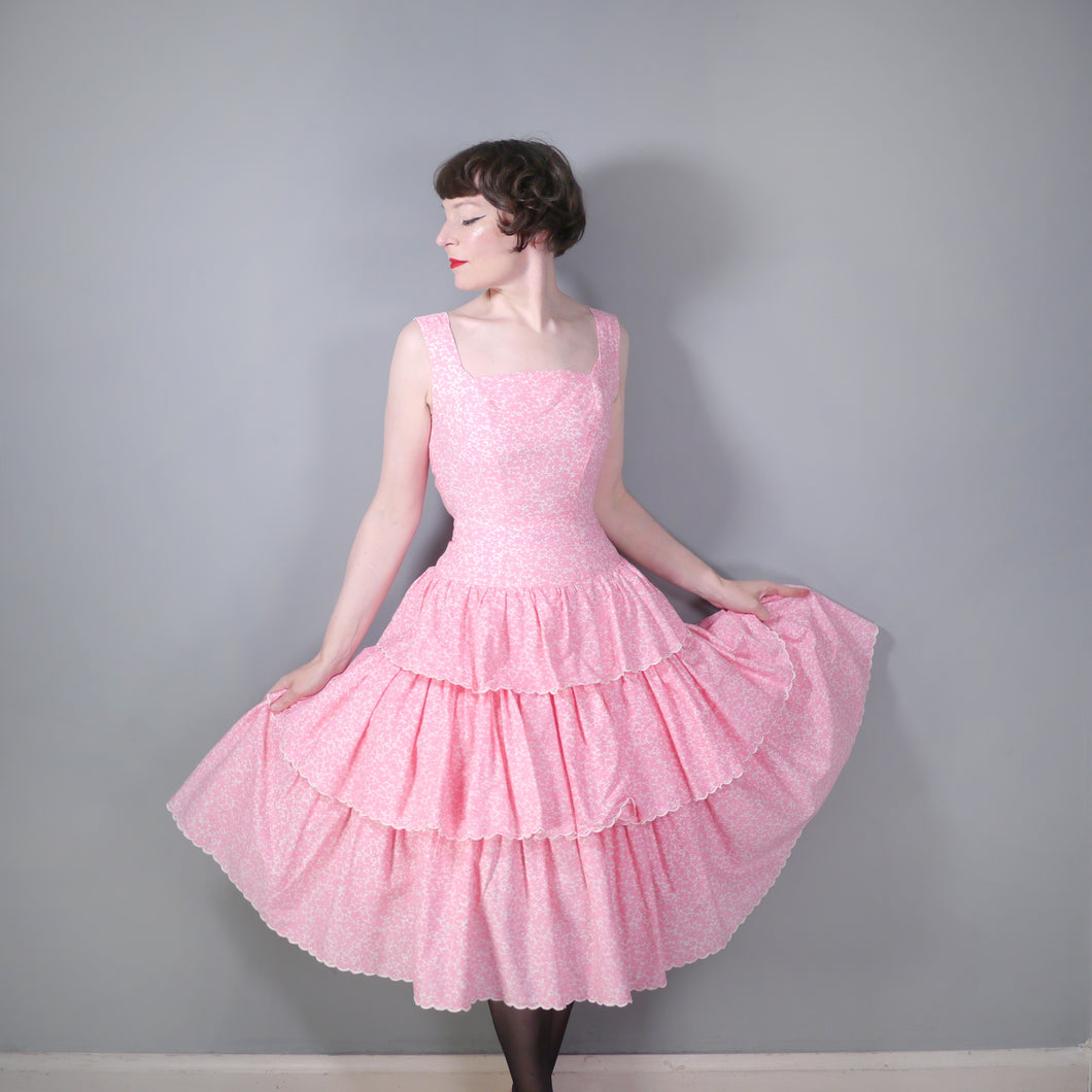 50s 60s PASTELLY PINK TIERED RUFFLE FULL SKIRTED DRESS - XS