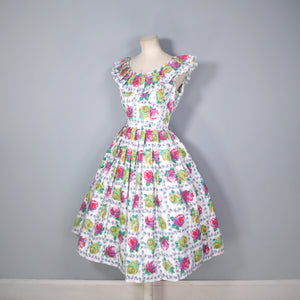 50s YELLOW AND PINK ROSE PRINT COTTON DRESS WITH BIG RUFFLE COLLAR - XS-S