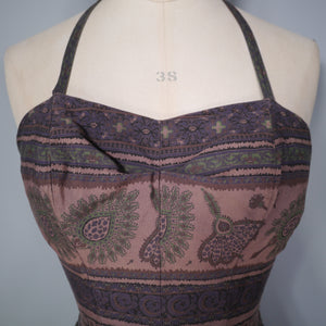 50s BROWN SKIRTED COTTON SWIMSUIT WITH PAISLEY PRINT - XS