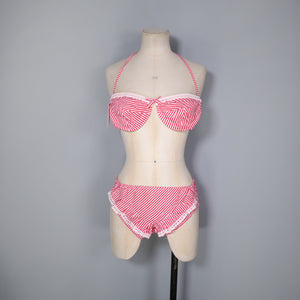 50s 60s RED CANDY STRIPE BIKINI WITH RUFFLE PANT AND UNDERWIRE BRA - S / 34D?