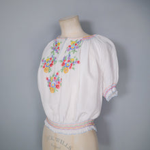 Load image into Gallery viewer, 60s SILKY EMBROIDERED FLORAL HUNGARIAN PEASANT SMOCK BLOUSE - S
