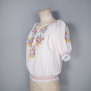 60s SILKY EMBROIDERED FLORAL HUNGARIAN PEASANT SMOCK BLOUSE - S