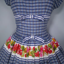 Load image into Gallery viewer, 50s DARK BLUE CHECK AND FRUIT BORDER PRINT FULL SKIRTED DRESS - S