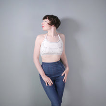Load image into Gallery viewer, 70s ERICA BUDD WHITE CROPPED BIRD PRINT HALTER TIE TOP - S