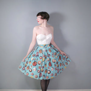 50s "SLIMMA" BLUE FULL COTTON SKIRT WITH PHOTOGRAPHIC SEA SHELL PRINT - 25"