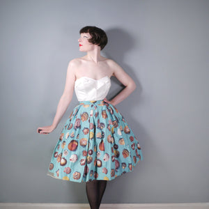 50s "SLIMMA" BLUE FULL COTTON SKIRT WITH PHOTOGRAPHIC SEA SHELL PRINT - 25"