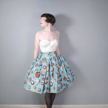 Load image into Gallery viewer, 50s &quot;SLIMMA&quot; BLUE FULL COTTON SKIRT WITH PHOTOGRAPHIC SEA SHELL PRINT - 25&quot;