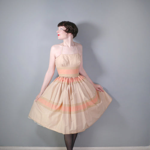 VICTOR JOSSELYN BROWN AND PEACH STRIPED HALTER SUN DRESS - S