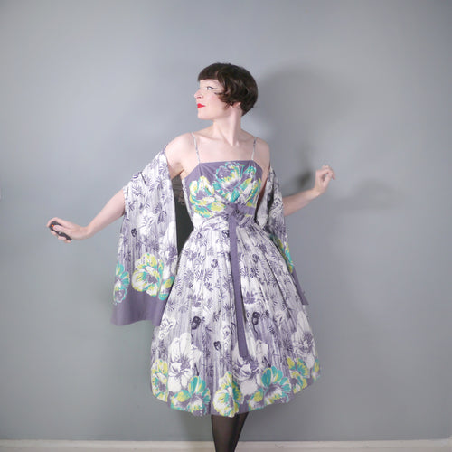 50s GREY WHITE AND GREEN STRAPPY FLORAL BORDER PRINT SUN DRESS WITH SHAWL - XS