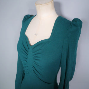 70s DARK GREEN FINE WOOL STRETCH JERSEY ART DECO INSPIRED DRESS - XS