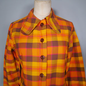 60s / 70s ORANGE CHECK DOG EAR COLLAR LIGHT COTTON SHIRT JACKET - XS-S