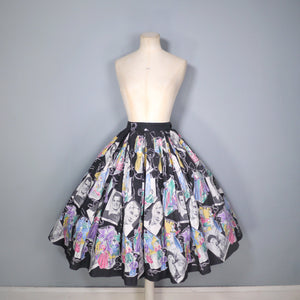 BLACK 50s 60s NOVELTY SKIRT IN THEATRICAL PRINT WITH HOLLYWOOD STARS - 25"