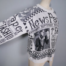 Load image into Gallery viewer, 80s NEWSPAPER NOVELTY PATTERN ACRYLIC BLACK WHITE OVERSIZED JUMPER / SWEATER - L
