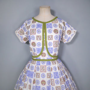 50s SUN DRESS AND BOLERO JACKET IN NOVELTY FOLK ART PRINT - XS