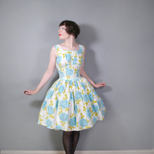 Load image into Gallery viewer, 50s BIG PASTEL BLUE ROSE PRINT FULL SKIRTED COTTON DRESS - PETITE SIZE / XS