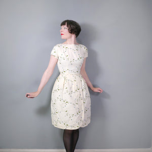 50s 60s CREAM COTTON DRESS WITH EMBROIDERED FLOWERS - XS