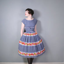 Load image into Gallery viewer, 50s DARK BLUE CHECK AND FRUIT BORDER PRINT FULL SKIRTED DRESS - S