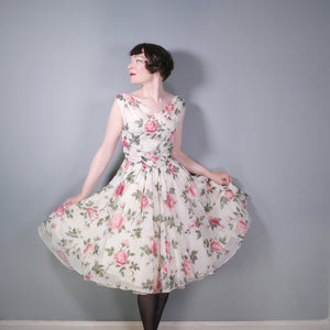 50s WHITE CHIFFON DRESS WITH PINK FLORAL ROSE PRINT - S
