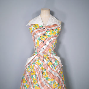 40s 50s LEE WENTLEY DELIGHTFUL YELLOW FLORAL HALTER DRESS - XS