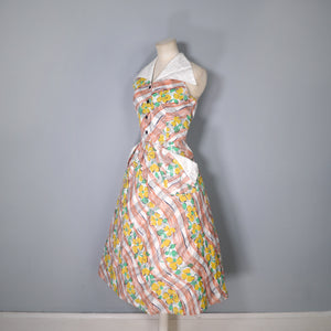 40s 50s LEE WENTLEY DELIGHTFUL YELLOW FLORAL HALTER DRESS - XS