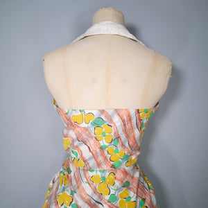 40s 50s LEE WENTLEY DELIGHTFUL YELLOW FLORAL HALTER DRESS - XS