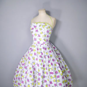 50s YELLOW PINK PRINT HALTER SUN DRESS AND BOLERO - S