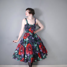Load image into Gallery viewer, 80s DOES 50s DARK GREY SUN DRESS WITH BIG RED FLOWERS - XS-S