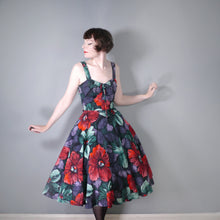 Load image into Gallery viewer, 80s DOES 50s DARK GREY SUN DRESS WITH BIG RED FLOWERS - XS-S