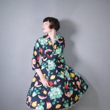 Load image into Gallery viewer, 50s AMAZING FRUIT PRINT BLACK COTTON FULL SKIRTED DRESS - VOLUP / L
