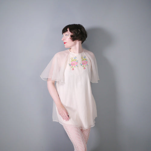 70s DIAPHANOUS CHIFFON JEAN VARON MINI TUNIC DRESS WITH EMBROIDERY - S-M